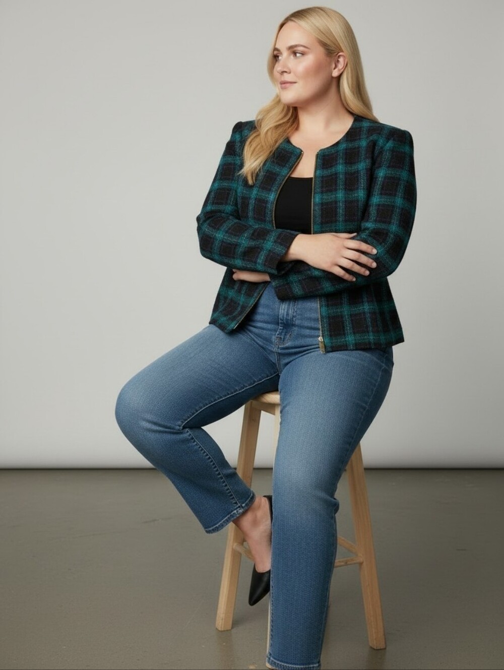 Betsey's Things Vintage Teal and Black Plaid Zip-Front Jacket